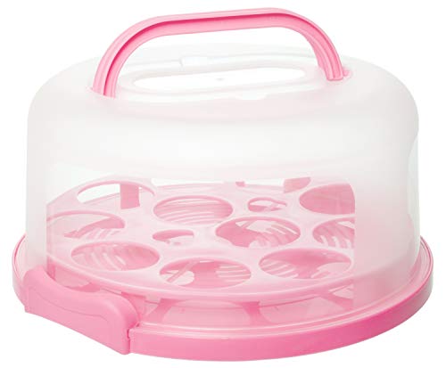 Red Co. 11 inch Cake & Cupcake Muffin Carrier Holder with Collapsible Handles, Pink Tray/Clear Lid