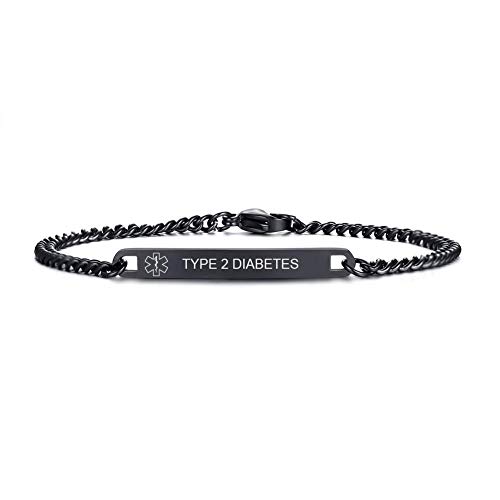 VNOX TYPE 2 DIABETES Stamped Medical Symbol Minimal 4MM Black Stainless Steel Thin Bracelet for Women Girl,7.5'