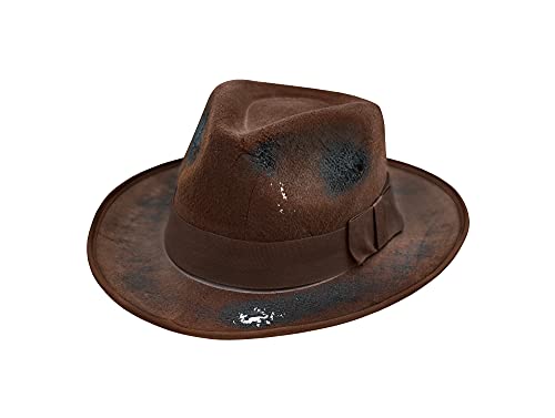 Nicky Bigs Novelties Tattered Burned Brown Fedora Hat - Scary Nightmare Creeper Hats - Cosplay Halloween Costume Accessory, Brown, One Size