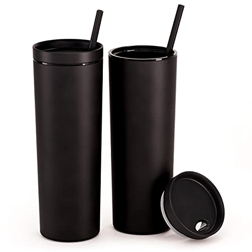 Maars Skinny Acrylic Tumbler with Lid and Straw | 18oz Premium Insulated Double Wall Plastic Reusable Cups - Matte Black, 2 Pack