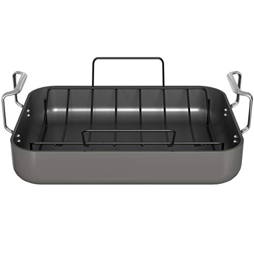Roasting Pan, By Kook, Hard Anodized Roaster, Non stick, with Metal Rack and Stainless Steel Handles, 17 Inches from Handle to Handle (Black)