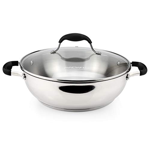 AVACRAFT 18/10 Stainless Steel Everyday Pan with Five-Ply Base, Stir Fry Chef’s Saute Pan with Glass Lid, Multipurpose Stewpot Skillet, Casserole in Pots (11 Inch)