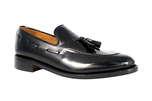 Anthony Veer Men's Kennedy Tassel Leather Loafers with Side Lacing in Goodyear Welted Construction (10E, Black)