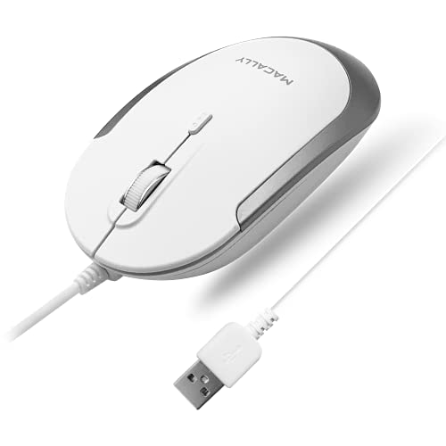 Macally Silent Wired Mouse - Slim & Compact USB Mouse for Apple Mac or Windows PC Laptop/Desktop - Designed with Optical Sensor & DPI Switch - Simple & Comfortable Wired Computer Mouse (White)