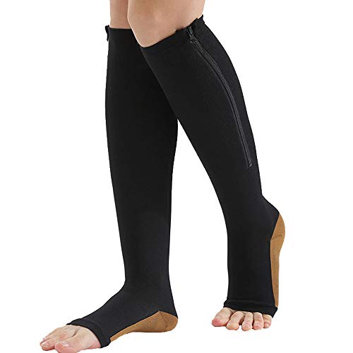 Zipper Compression Socks (2-Pack) for Men Women Open Toe Easy On Compression Support Hose Knee High, Black (XXL)