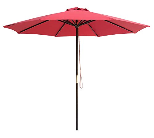 SUNBRANO 9 Ft Wood Frame Patio Umbrella Outdoor Garden Cafe Market Table Umbrella Pulley Lift with Air Vent, 8 ribs, Red