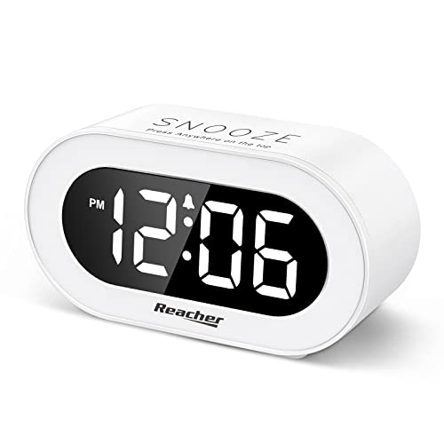 REACHER Small LED Digital Alarm Clock with Snooze, Simple to Operate, Full Range Brightness Dimmer, Adjustable Alarm Volume, Outlet Powered Compact Clock for Bedrooms, Bedside, Desk, Shelf(White)