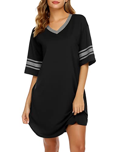 Ekouaer Womens, Nightgown Nightshirt, Cotton Novelty Sleepshirts, V Neck, Short Sleeve, Loose Comfy Pajama Sleepwear, A_a_black, XX-Large