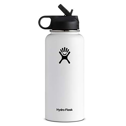 Hydro Flask Vacuum Insulated Stainless Steel Water Bottle Wide Mouth with Straw Lid (White, 32-Ounce)