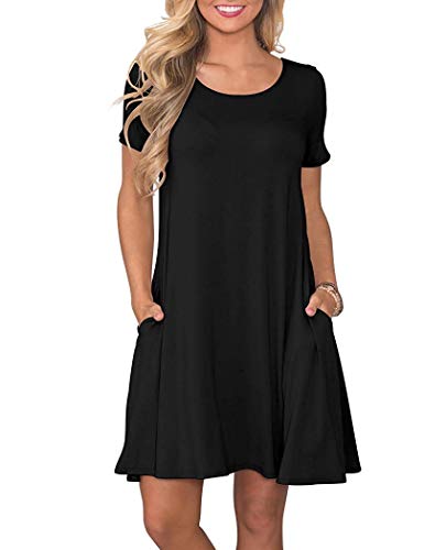 WNEEDU Women's Summer Plus Size Dresses Casual T Shirt Swing Dresses with Pockets Black XL