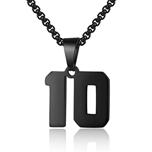 Number Necklace for Boy Athletes Number Stainless Steel Black Chain 00-99 Number Charm Pendant Personalized Sports Jewelry for Men Basketball Baseball Football(10)