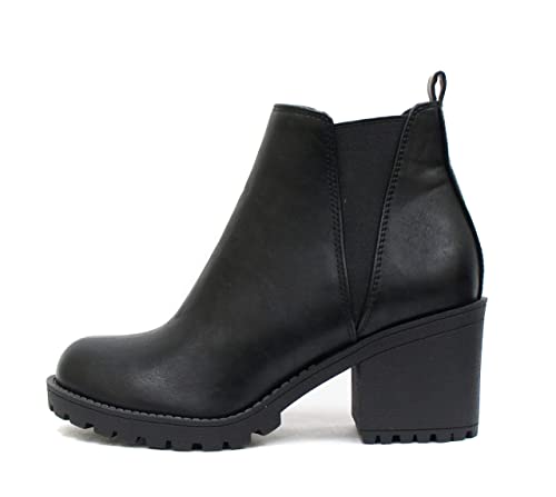 Soda ORIGAMI ~ WOMEN LUG SOLE MID HEEL FASHION ANKLE BOOTIE W/DOUBLE ELASTIC GORE (10, Black, numeric_10)