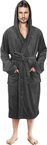 NY Threads Mens Hooded Fleece Robe - Plush Long Bathrobes (Grey, Large/X-Large)