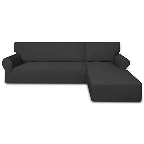 PureFit Super Stretch Sectional Couch Covers - 2 pcs Spandex Non Slip Sofa Covers with Elastic Bottom for L Shape Sectional Sofa Couch, Great for Kids & Pets (3 Seat Sofa + 3 Seat Chaise, Dark Gray)