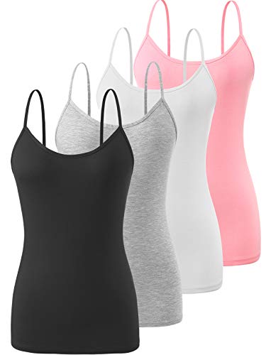Air Curvey 4 Piece Camisole for Women Basic Cami Undershirt Adjustable Spaghetti Strap Tank Top Black Gray White Pink S