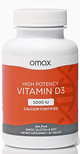 Omax Vitamin D3 5000 IU + Calcium, 90-Day Supply, Strong Bones, Muscles & Joints, Heart Health, Immunity, Non GMO, No Gluten, No Soy (New Packaging) - 90 Tablets (90)