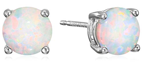 Amazon Essentials Sterling Silver Round Created Opal Birthstone Stud Earrings (October)