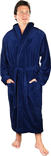 NY Threads Luxurious Mens Shawl Collar Fleece Bathrobe Spa Robe (Large/X-Large, Navy)