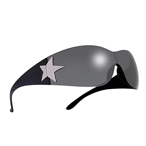 Rimless Y2K Sunglasses for Women Men,Trendy Shield Wrap Around Sunglasses Oversized Fashion Black Frameless Sun Glasses