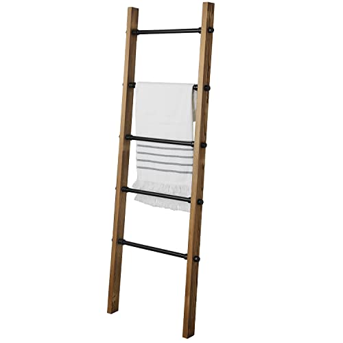 MyGift Rustic Burnt Wood Throw Quilt Blanket Ladder Farmhouse Style with 5 Black Metal Rungs, Bathroom Towel Ladder Storage Rack