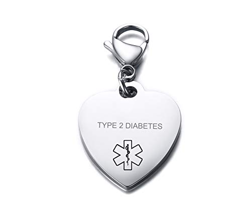 VNOX Type 2 Diabetes Medical Alert Symbol Stainless Steel Heart Shape ID Tag Keychain,Charm for Bracelet Handmade Jewelry