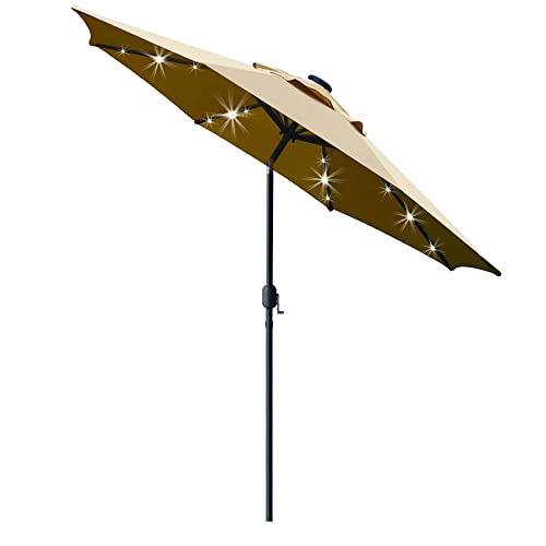 Sunnyglade 9' Solar LED Lighted Patio Umbrella with 8 Ribs/Tilt Adjustment and Crank Lift System (Light Tan)
