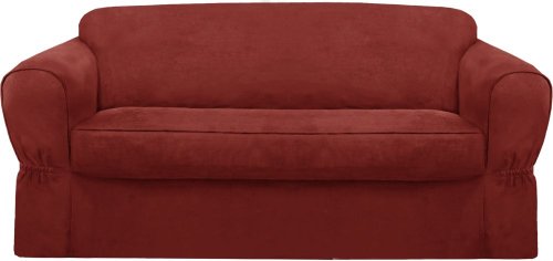 MAYTEX Piped Suede 2-Piece Loveseat Furniture Cover/Slipcover, Red