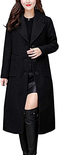 chouyatou Women's Big Notch Lapel Single Breasted Mid-Long Wool Blend Coat (Large, Black)