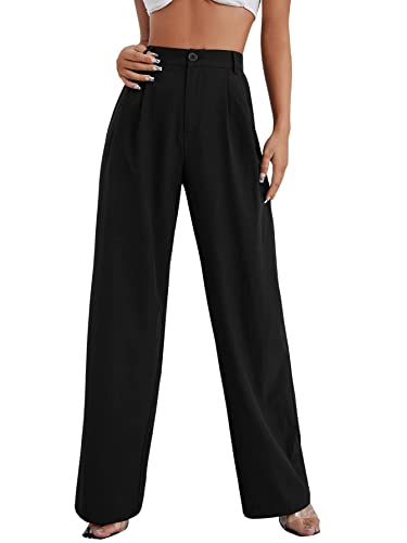 SweatyRocks Women's Casual Wide Leg High Waisted Button Down Straight Long Trousers Pants Black S