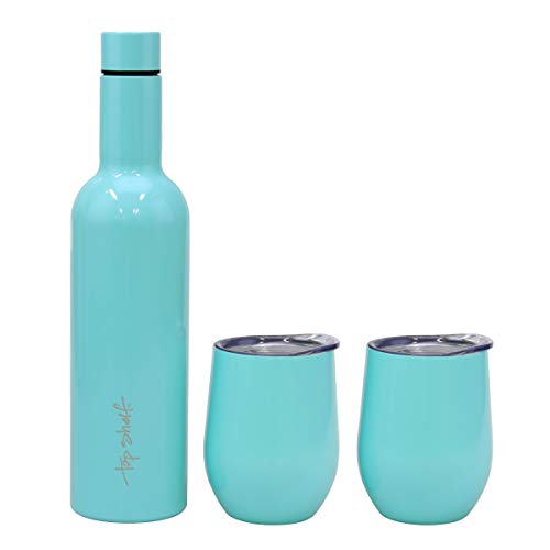 Top Shelf Aqua 750 ml Insulated Metal Growler Set with 2 Stemless Wine Glasses and Lids