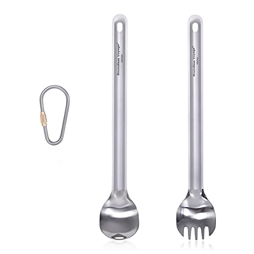 iBasingo 1 set Titanium Long Handle Spoon with Polished Bowl Outdoor Camping Spoon with Straight Handle Camp Eating Utensils Ultrlaight 14.4g (Spoon & Spork) Ti1033T