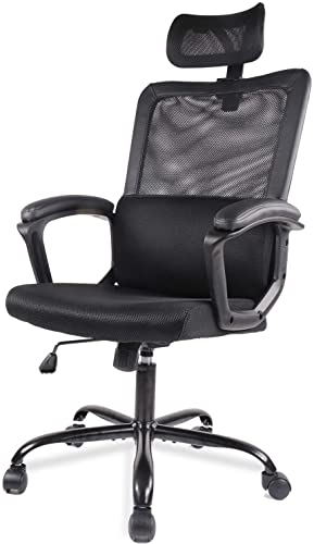 Desk Chair, Ergonomic Mesh Office Chair High Back Computer Chair with Adjustable Headrest,Lumbar Support, Tilt Function,Swivel Rolling, Soft PU Armrest Task Chair Home Office Desk Chairs, Black