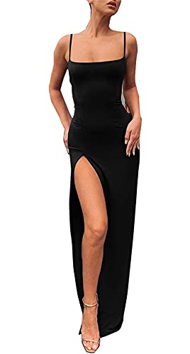 PRIMODA Women's Spaghetti Strap Backless Thigh-high Slit Bodycon Maxi Long Dress Club Party Dress(Black S)