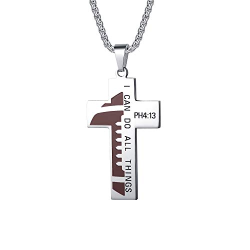 Football Cross Necklace for Boys Bible Verse I CAN DO All Things Stainless Steel Sport Pendant for Men(Silver)
