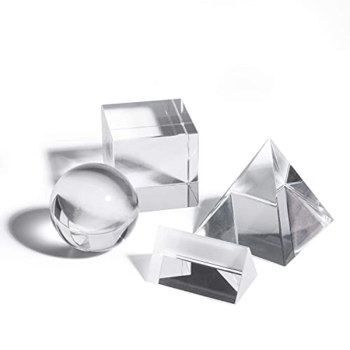 Gonioa 4 Pack K9 Optical Crystal Photography Prism Set, Including 50mm Crystal Cube, 50mm Triangular Prism, 50mm Crystal Ball, 60mm Optical Pyramid for Science Physics and Teaching Photo Photography