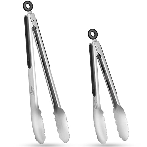 Hotec Stainless Steel Kitchen Tongs Set of 2 - 9' and 12', Locking Metal Food Tongs Non-Slip Grip