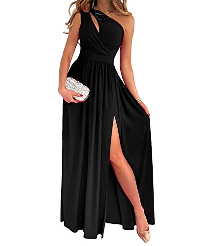 LYANER Women's One Shoulder High Split Cutout Sleeveless Elegant Party Maxi Dress Pure Black Medium