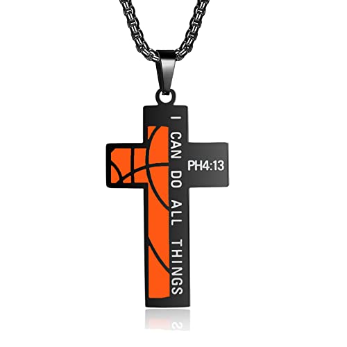 Basketball Cross Necklace for Boys Bible Verse I CAN DO All Things Stainless Steel Sport Pendant for Men(Black)