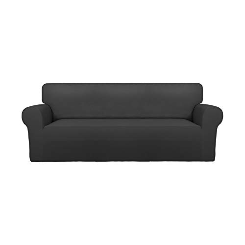 PureFit Super Stretch Chair Sofa Slipcover – Spandex Non Slip Soft Couch Sofa Cover, Washable Furniture Protector with Non Skid Foam and Elastic Bottom for Kids, Pets （Sofa， Dark Gray）