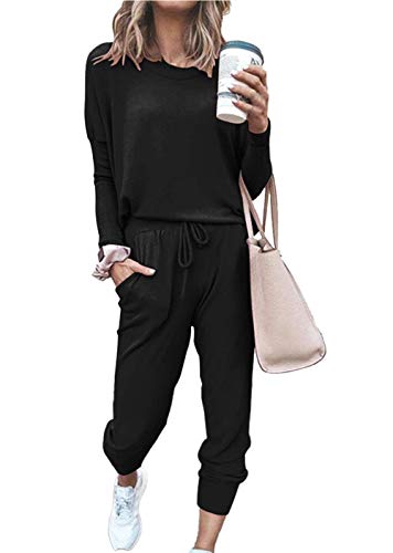 PRETTYGARDEN Women's 2023 Fall Two Piece Outfit Long Sleeve Crewneck Pullover Tops And Long Pants Tracksuit Sweatsuits (Black,Large)