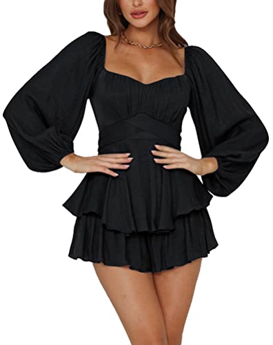 LYANER Women's Jumpsuit Lantern Long Sleeve Ruffle Layer Tie Mini Short Romper Solid Black Small