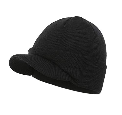 Home Prefer Men's Beanie Hat for Winter Knitted Hat with Bill Daily Beanie Cap Black