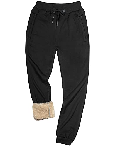 Yeokou Men's Casual Warm Sherpa Lined Elastic Waist Pant Trousers Joggers (Large, Black-Ribbed Cuff)