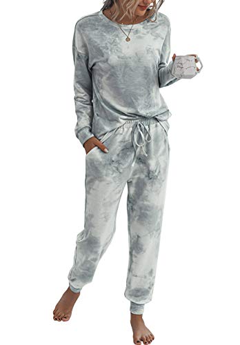 PRETTYGARDEN Women’s Tie Dye Two Piece Pajamas Set Long Sleeve Sweatshirt with Long Pants Sleepwear Grey