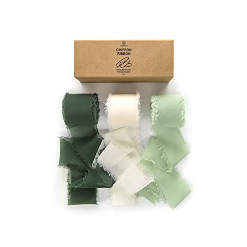 Vitalizart 3 Rolls Handmade Fringe Chiffon Silk Ribbon Gauze 1.5' x 7Yd Cream & Green Ribbons Set for Wedding Invitations, Bridal Bouquets, Gifts Wrapping, DIY Crafts
