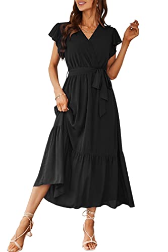 PRETTYGARDEN Women's 2024 Floral Boho Dress Wrap V Neck Short Sleeve Belted Ruffle Hem A-Line Flowy Maxi Dresses (Solid Black,Medium)