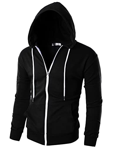 Ohoo Mens Slim Fit Lightweight Zip Up Hoodie with Pockets Long Sleeve Full-Zip Hooded Sweatshirt/DCF002-BLACK-L