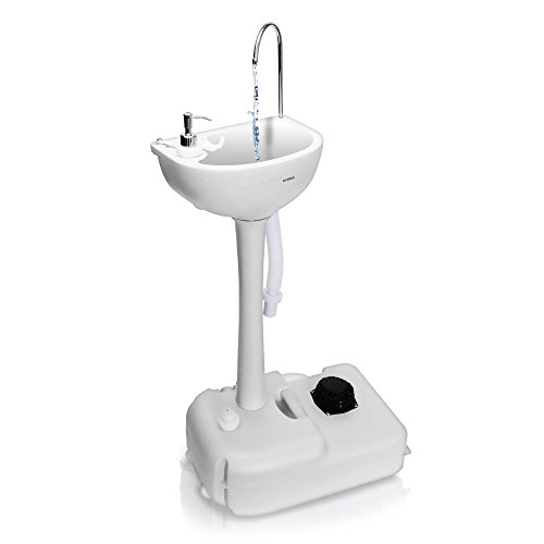 SereneLife Portable Camping Sink w/ Towel Holder & Soap Dispenser - 19L Water Capacity Hand Wash Basin Stand w/ Rolling Wheels - For Outdoor Events, Gatherings, Worksite & Camping - SLCASN18,White