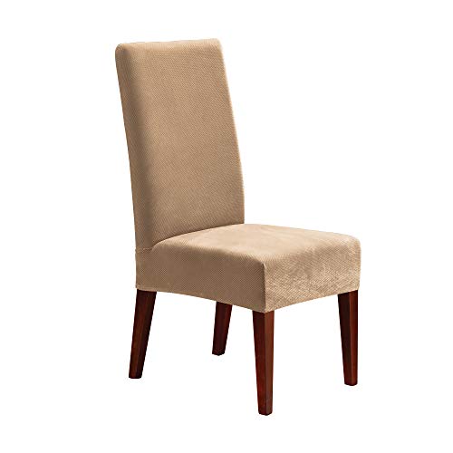 Sure Fit, Cream Home Décor Stretch Pique Short Dining Room Chair One Piece Slipcover, Form Fit, Polyester/Spandex, Machine Washable, Color, 42 Inch Tall