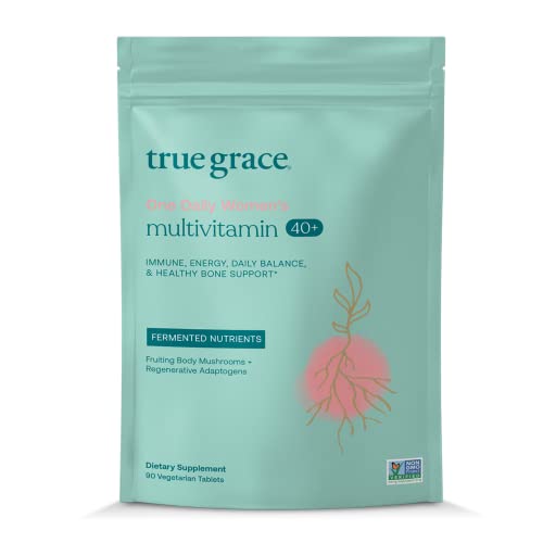 True Grace One Daily Women’s Multivitamin 40+ Fermented Minerals, Organic Adaptogens & Mushrooms Energy, Immune, Bone, Heart Support - Iron Free, Non-GMO, Gluten Free, Soy Free - 90 Vegan Tablets